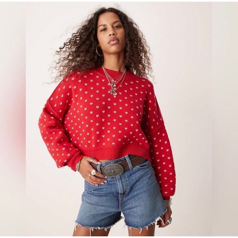 Free People Heart Red Graphic Cropped Slouchy Sweater Cozy Size XS